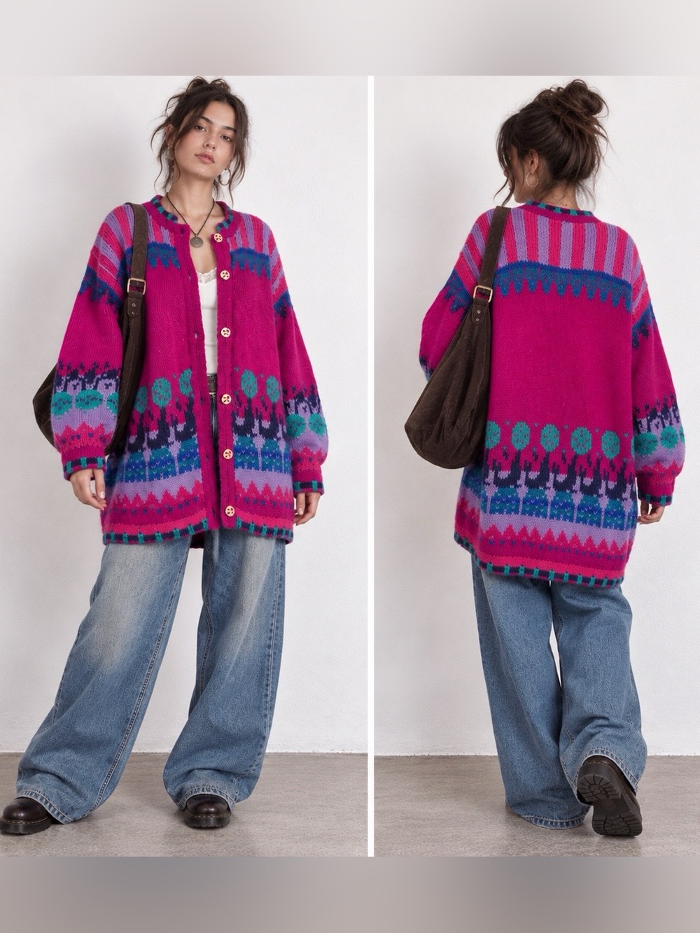 Siochain Handloomed Mohair Sweater Coat L Irish 100% Wool Fuchsia Vintage 80s